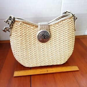 Brighton Jani Straw Patent Leather Chain Shoulderbag Magnetic Medallion Clasp